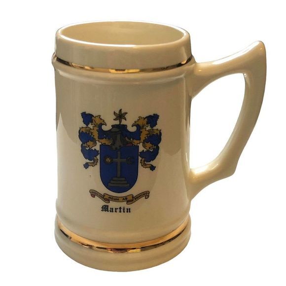 CERAMIC BEER MUG Made in USA Family Crest “Martin” Crest 22k Gold Band Trim‎ - Picture 1 of 8